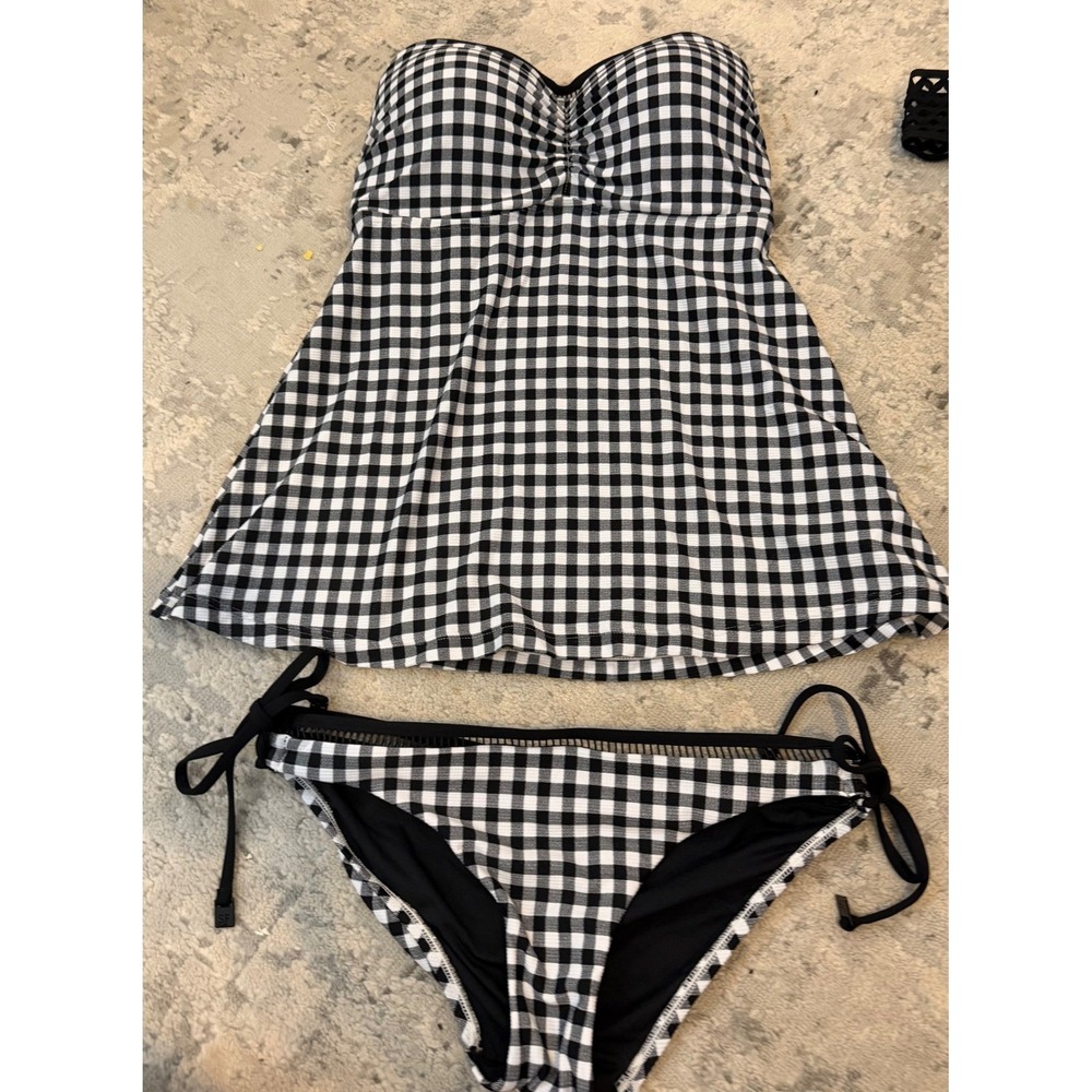 Seafolly Australia Gingham Tankini Set Black White Check Side Tie Bikini 12 C/D